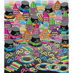 The Neon Glow Super Bonanza Assortment for 100 outfits up to 100 of your New Year's Eve party guests with neon hats, neon tiaras, neon horns, glow necklaces and accessories. Neon blue, green, orange, and pink will give your NYE party an 80's retro vibe!