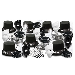 The New Year Masquerade Asst for 50 features an assortment of black velour covered plastic hats, plastic masks in both black and white, black lace masks, black plastic masks with white feathers, and white horns. Host an elegant and intriguing NYE party!
