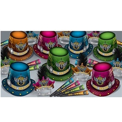 Rock The New Year Asst for 50 contains 25 hi-hats, 25 feathered tiaras and 50 horns. Each item is made of card stock and printed with "Rock The New Year" and a winged guitar emblem. Assorted colors of blue, green, pink and orange. Enough for 50 guests!