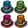Rock The New Year Hi-Hats are glam-rock inspired hats featuring the phrase "Rock The New Year" along with a winged guitar printed front and center. Made of card stock and printed in assorted colors of blue, green, pink and orange. Sold in quantities of 25