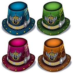 Rock The New Year Hi-Hats are glam-rock inspired hats featuring the phrase "Rock The New Year" along with a winged guitar printed front and center. Made of card stock and printed in assorted colors of blue, green, pink and orange. Sold in quantities of 25