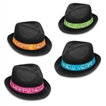 The Neon Glow Chairman Hats are black plastic hats with velour cover and a cardstock band that reads "Happy New Year". Bands come in an assortment of 4 colors: blue, orange, green, and pink. One size fits most. 25 per box. No returns.