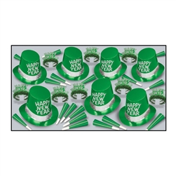 The Glimmer Of Green Asst for 50 contains enough printed paper hats, horns, and tiaras for up to 50 New Year's Eve party guests. Hat's and tiaras both say "Happy New Year". Tiaras contain coordinating green tissue fringe and hats have a silver accent band