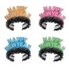 The Neon Tiaras read "Happy New Year" in glitter on a florescent colored cardstock cutout. Attached is a foil band with black fringe. Comes in an assortment of colors including orange, pink, blue, and green. One size fits most. Sold 50 per box. No returns