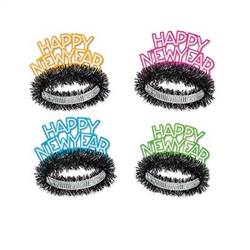 The Neon Tiaras read "Happy New Year" in glitter on a florescent colored cardstock cutout. Attached is a foil band with black fringe. Comes in an assortment of colors including orange, pink, blue, and green. One size fits most. Sold 50 per box. No returns