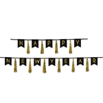 Ring in the New Year with style and class when you add this Black and Gold Happy New Year Tassel Streamer to your decorations.  Each package contains 10 tassels and 12 10 inch tall Pennants strung on black ribbon.   No assembly necessary.