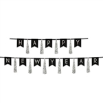 Ring in the New Year with style and class when you add this Black and Silver Happy New Year Tassel Streamer to your decorations.  Each package contains 10 tassels and 12 10 inch tall Pennants strung on black ribbon.   No assembly necessary.