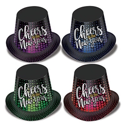 Cheers To The New Year Hi-Hats are an economical favor for your New Years Eve party guests! Cheers to the New Year is printed in silver on a background of bubbles in colors of either blue, green, purple and red. Priced per hat & sold in quantities of 25.