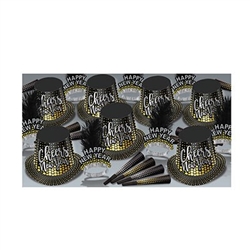 Black hats, horns, and tiaras feature gold and silver printing against a black background. Each item bears the phrase "Cheers to the New Year". Tiaras feature a black feather plume attached to metal foil band. Contains 25 hats, 25 horns, and 50 tiaras!