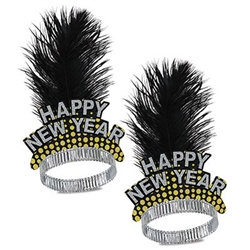 The Silver & Gold Cheers To The New Year Tiara features a card stock Happy New Year front, with printed golden bubbles, adorned with a black feather plume. The perfect party favor for your New Year's Eve guests! Price individually and sold in qty's of 50.