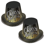 The Silver & Gold Cheers To The NY Hi-Hat is made of cardstock. They're black and printed with different size gold dots with "Cheers to the New Year" in silver script lettering. Measure approx 5 1/4 in tall. One size fits most. (25) per pack. No returns