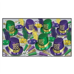 Masquerade New Year Assortment (for 50 people) will lend a Mardi Gras vibe to any New Year's Eve party. The classic green, gold, and purple color scheme will transport your guests to Bourbon Street. Hats, horns, tiaras, beads, and masks make up this kit.