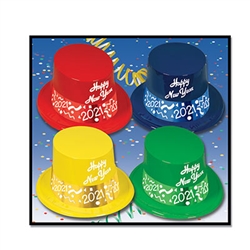 Each of these brightly colored plastic hats say "Happy New Year" on the front, with a 2021 printed foil card stock band attached. Hats are priced individually, but sold in quantities of 25 per box.