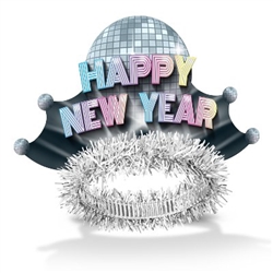 The Disco Fever Tiaras are made of cardstock printed with a big disco ball in the center and multi-colored "Happy New Year" with smaller disco balls on the sides. Attached is a foil band with silver fringe. One size fits most. Sold 50 per box. No returns.