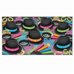 The Neon Glow Chairman Asst for 50 is perfect for adding a touch of color and excitement to your New Year celebration! Each kit contains 25 velour chairman hats, 25 glittered fringed tiaras, 50 neon horns, and 48 glow accessories.