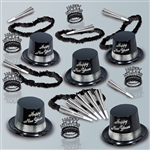 Perfectly sized for a small New Years Eve party, this party kit has enough hats, horns, tiaras, and poly leis to supply up to 10 guests. Black hats and tiaras have silver accents and coordinate with the included silver foil horns and black poly leis.