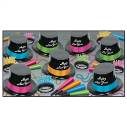The Neon Legacy Asst for 50 will add color and sophistication to your New Year celebration! Each kit contains 25 plastic toppers with foil band, 25 glittered fringed tiaras, 50 neon horns, and 25 party beads.