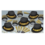 Chairman Gold Asst for 10 is perfect for smaller NYE parties. Each assortment contains hats, tiaras, horns, and beads- enough to outfit up to 10 people. All items are in a black and gold color scheme.