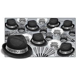 Your guests will surely ring in the New Year in style! This great New Year's kit contains 25 black plastic velour fedora hats, 25 silver glittered foil tiaras, 50 silver foil horns, and 25 strands of silver 33" party beads.