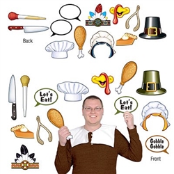 Grab a friend, one of these props and a camera and start making hilarious memories! Printed on both sides of cardstock material, these photo fun props feature a pilgrims hat, turkey beak, chicken legs, pumpkin pie and much more!  12 designs per package