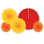 The Accordion Paper Fans - Red, Golden-Yellow, Orange are made of paper and sizes range in measurement from 8 inches to 16 inches. Come in an assortment of colors including red, golden-yellow, and orange. Contains 5 fans per package.