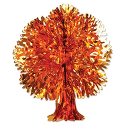 Shiny red, yellow, and orange metallic Fall Tree made entirely of foil material. Includes a clear plastic string for easy hanging and features easy assembly. Measures 13 inches tall.