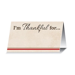 Each package of I'm Thankful For... Place Cards contains 12 card stock name cards, perfect for your Thanksgiving table setting. Printed on one side with the phrase "I'm Thankful for...", with a space for a personalized sentiment. One side blank for name