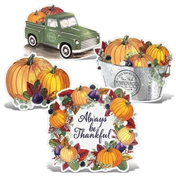 Create a nostalgic feel for your Thanksgiving season with these colorful Foil Fall Thanksgiving Cutouts w/Easels.  Each cutout includes an easel on the back to make placing on tables, mantles, window sills and any flat area simple and easy.