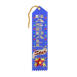 Recognize the great effort of your favorite baseball player by giving them this blue satin award ribbon. With a gold string, and attached card, you can personalize the ribbon and proudly hang for display. Each ribbon is pre-printed with "Baseball Star".
