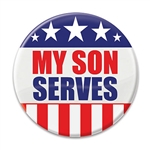 Let the world know how proud you are of your son with these great "My Son Serves" Buttons! These patriotic pins are a fun and colorful way to show your appreciation for all they do.