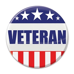 Let the world know how proud you are of your service to our country, wear this "Veteran" Button with prdides! 
These patriotic pins are a fun and colorful way to let others know you've done your duty.
Pins measure 2 inches in diameter.