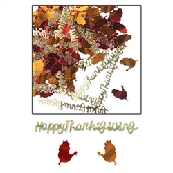 This metallic confetti is a mix of foil turkey silhouettes and the words Happy Thanksgiving. Foil colors in gold, orange, and red will be a great accent to your Thanksgiving table. Each package contains a half ounce of confetti.