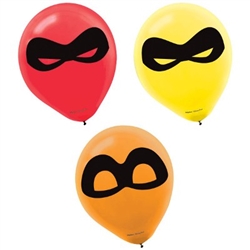The Incredibles Balloons are an assortment of red, yellow, and orange balloons printed with a mask. They are helium quality latex balloons and measure 12 inches. Sold six (6) balloons per package.