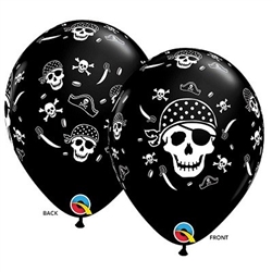 Pirate Skull Cross & Bones Latex Balloon feature various pirate icons printed in white against a black latex balloon. Fill with air or helium. Each balloon measures 11-inches when fully inflated. Sold in quantities of ten, priced per balloon.