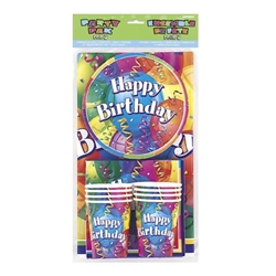 The Happy Birthday Party Pak for 8 people includes 8 cups, 8 napkins, 8 dessert plates, and a rectangular table cover all in one package! The bright, cheery colors are a perfect backdrop for the Happy Birthday design printed on each item.
