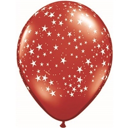 The Red Latex Balloon with White Stars - 11 inch is an elegant red latex balloon covered in a multitude of white stars, making the perfect decoration for any patriotic function! Must buy in quantities of 10. Also available in blue and white versions.