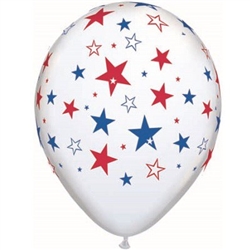 These white latex balloons are printed all over with an assortment of red, white, and blue stars making this the perfect accessory for an upcoming patriotic event. Measures 11 inches when fully inflated. Sold in quantities of 10.