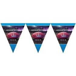 The Super Bowl 52 Pennant Banner is made of thin plastic and measures 10 1/2 inches tall and 12 feet long. Has 12 pennant flags. One per package.