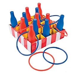 The Carnival Bottle Ring Toss Game is a classic carnival game that can be played by young and old alike. Simply set up the bottles and have your guests toss the rings and try to ensnare the bottles. Simple assembly required.