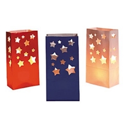 The Paper USA Star Luminary Bags are made of paper and are an assortment of blue, red, and white colored bags with cutouts of different sized stars. Measures 5 inches wide and 10 inches tall. Contains 12 bags per package.