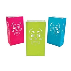 The Day of the Dead Luminary Bags are made of paper and measure 10 inches tall and 5 inches wide. Includes an assortment of pink, green, and blue bags with a cutout design of a skull. Contains 12 bags per package. Recommended for battery operated lights.