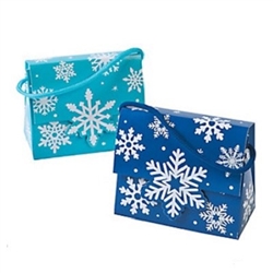 The Snowflake Tent Boxes with Handles are made of light and dark blue cardstock with a coordinated colored string handle. Measure 5 inches long by 2.5 inches wide by 4 inches tall. Contains 12 per package. Simple assembly required.