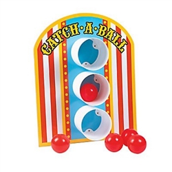 The Carnival Catch A Ball Game is perfect for any circus or carnival theme party. Tabletop game features 3 plastic tubes attached to a heavy duty backer board, and participants attempt to throw balls into the tubes. Includes 5 plastic balls.