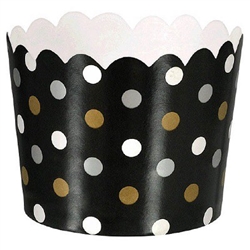 These Small Scalloped Mini Paper Cups feature an all over pattern of multi colored gold, silver, and white dots printed on a black background. Cups measure 2 inches in diameter and 1-3/4 inches in height. 36 mini paper cups per package.  Oven safe to 350.