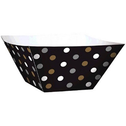 The Mini Paper Square Bowls - Black,  feature square paper bowls printed with a silver, gold, and white polka dot design. Measures 1.8 in x 1.8 in x 1.8 in and contains 24 pieces per package. Perfect for buffet tables or treats on the go!
