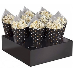Snack Cones with Tray - Black feature black paper snack cones printed with a silver, gold, and white polka dot design. When assembled measures seven inches tall and includes trays to secure the cones for dispensing. 40 cones and two trays per package.