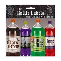 Add some Halloween spirit to your favorite party beverage containers. Four self-adhesive labels printed with fun Halloween themed phrases. Perfectly sized for 2 liter soda bottles! One time use. Measures approximately 7 inches wide and 5.75 inches tall.