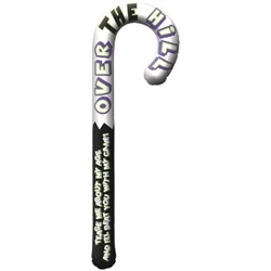 The Over the Hill Inflatable Jumbo Cane measures 43 inches when fully inflated. It's black and white and reads "Over the Hill" around the top and "Tease me about my age and I'll beat you with my cane!" down the stem. Contains one per package. No returns.