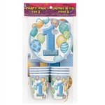 1st Birthday Party Pak for 8 - Blue makes planning that important first birthday oh so easy! Pack includes 8 cups, 8 dessert plates, 8 napkins and a tablecover! The light blue color scheme includes the 1st Birthday designation too! Also available in pink!