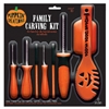 Wonderful 20-piece pumpkin carving kit includes 12 paper templates, and 8 carving tools. Made of plastic and metal. For ages 8 and older. Perfect for Halloween and Fall decorating!